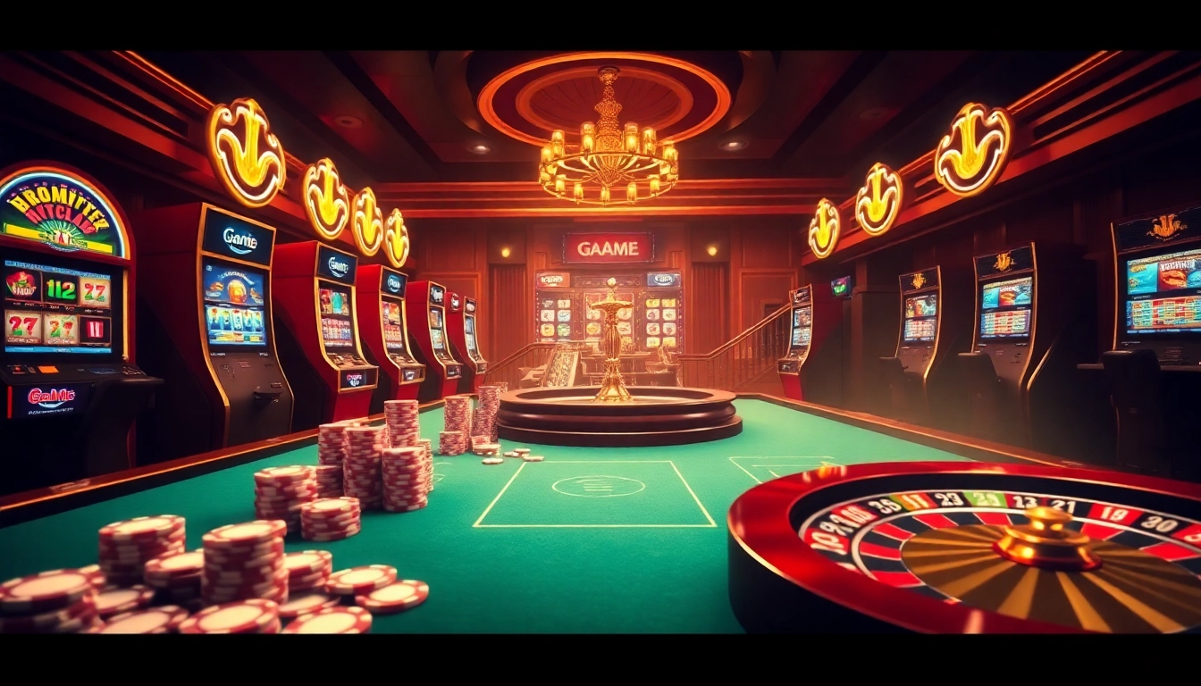 Experience the excitement of Game HITCLUB with vibrant roulette and poker scenes at a luxurious casino.