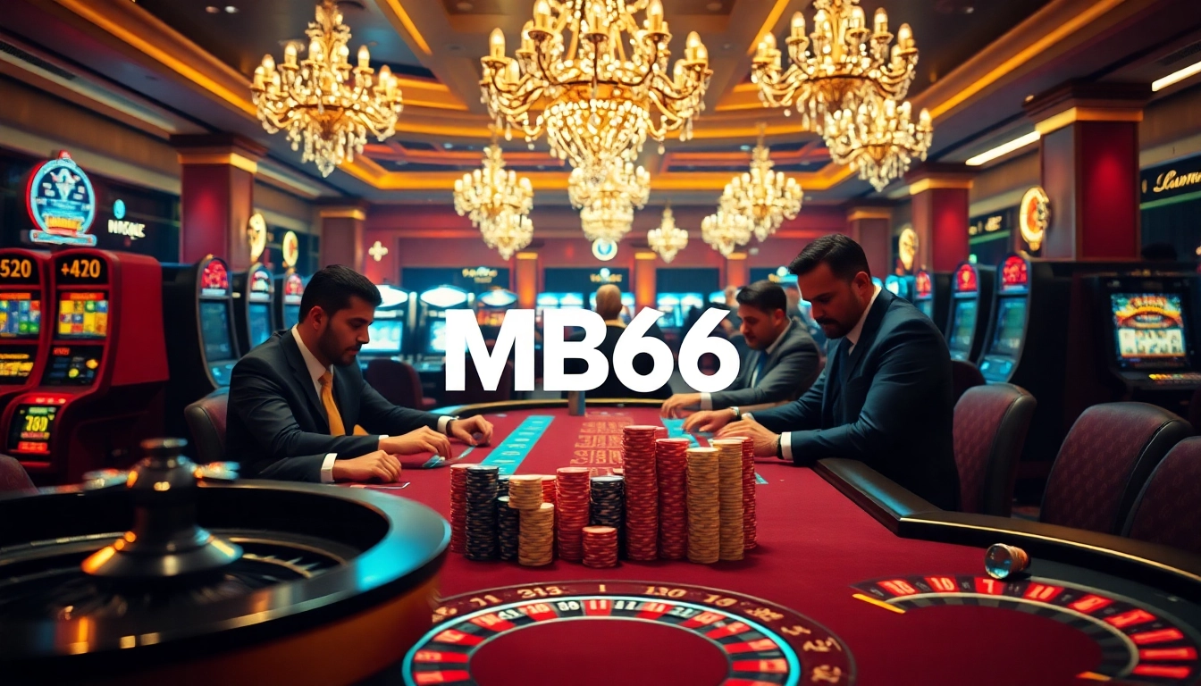 Players strategize at the MB66 poker table, surrounded by a glamorous casino atmosphere.