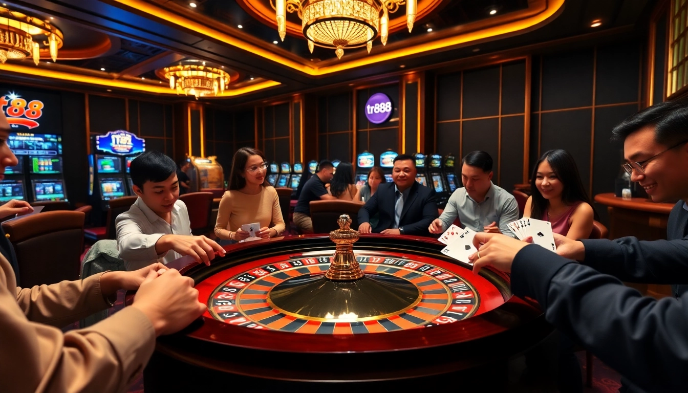 Players engage in a thrilling game at the tr88 roulette table, showcasing excitement and luxury.