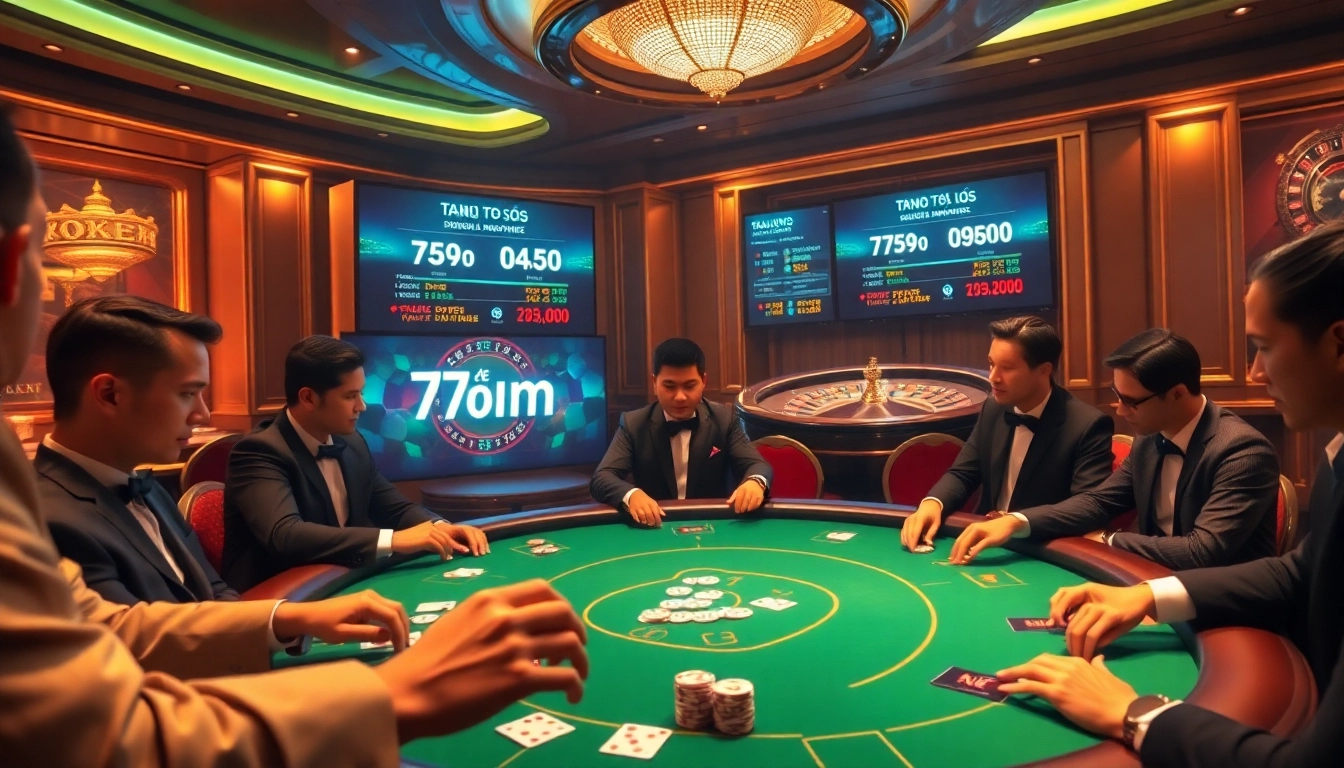 Players engaged in a thrilling poker game while visualizing 7m tỷ lệ betting odds in a luxurious casino setting.