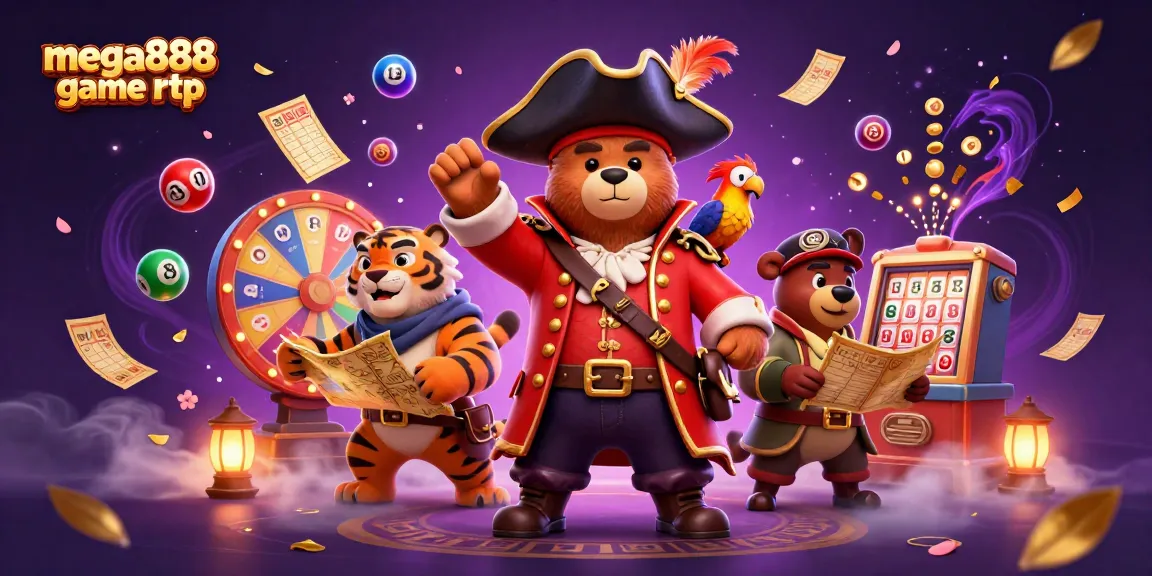 Engage with the mega888 game rtp through an action-packed illustration featuring dynamic casino elements and characters.
