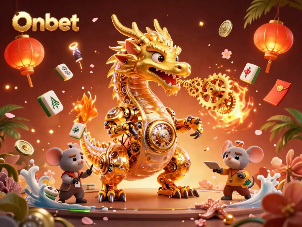 Experience the excitement of Onbet through a vibrant 3D scene featuring a golden dragon and casino elements.