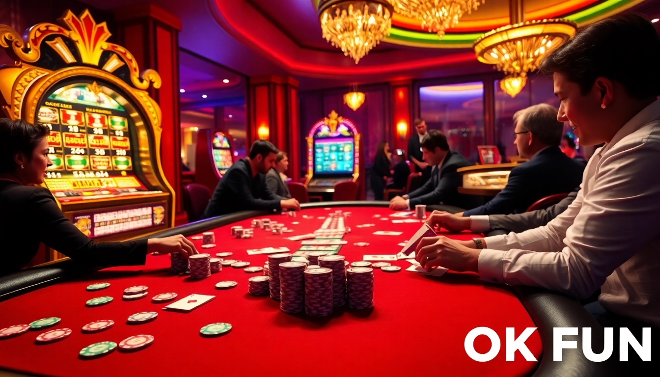 Engaging action in an exciting casino scene showcasing OKFUN's vibrant poker action and thrilling games.