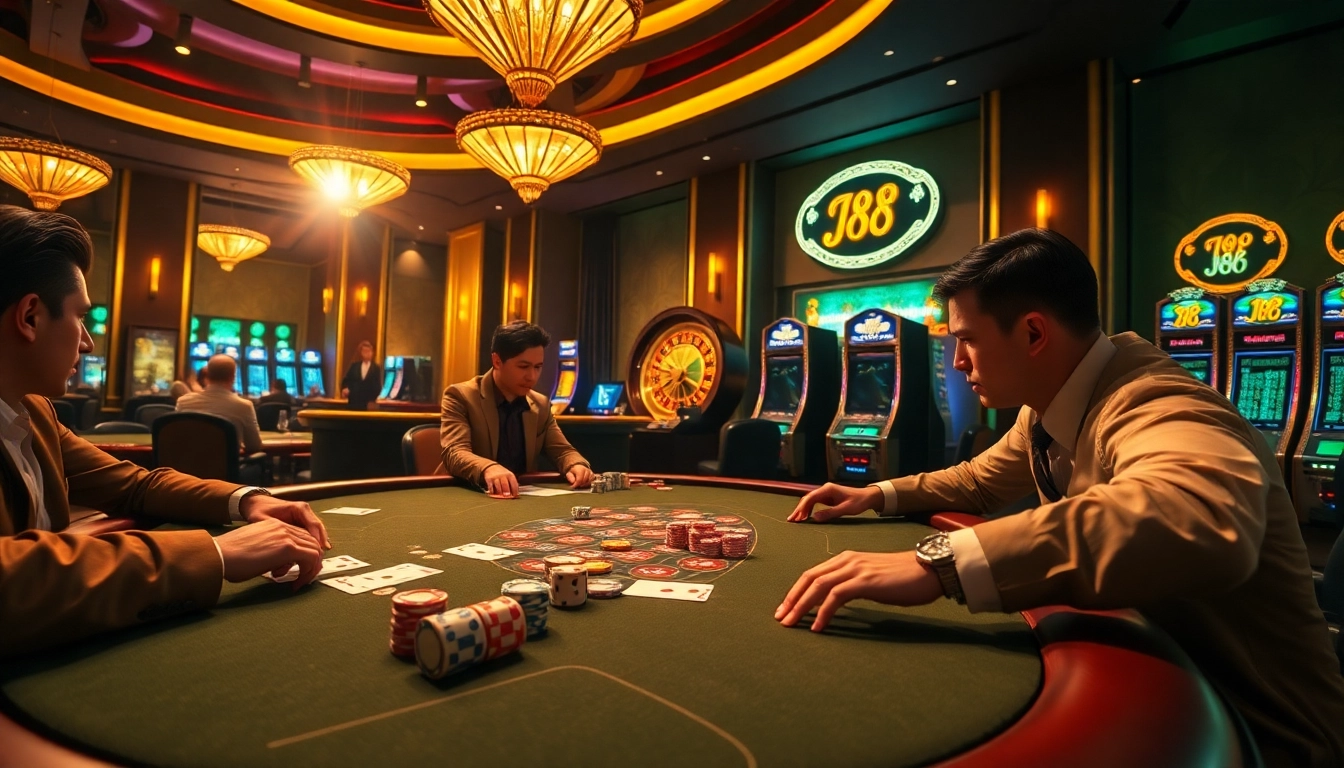 Play exciting games at J88's vibrant casino, featuring thrilling poker tables and roulette wheels.