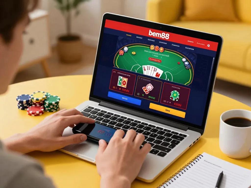 Engaging online gaming scene with bem88 interface showing poker action in a cozy home office setting.