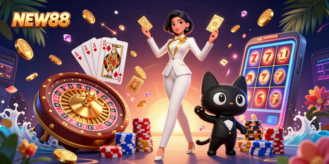 Engage in exciting gaming experiences with NEW88, featuring a glamorous dealer and a playful cat.