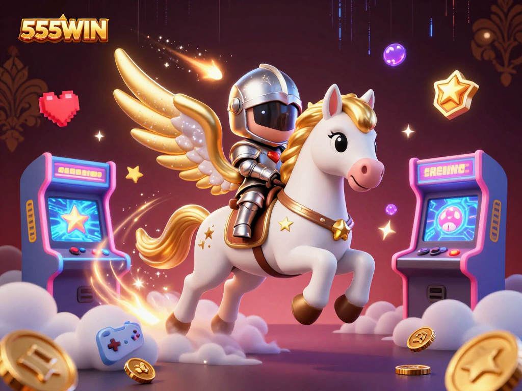 Engage with the 555WIN gaming experience, featuring a magical knight riding a celestial horse amidst vibrant casino elements.