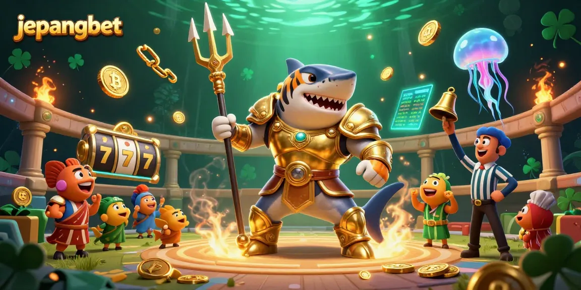 Experience the excitement of Jepangbet with a dynamic scene featuring a golden shark and vibrant slot elements.