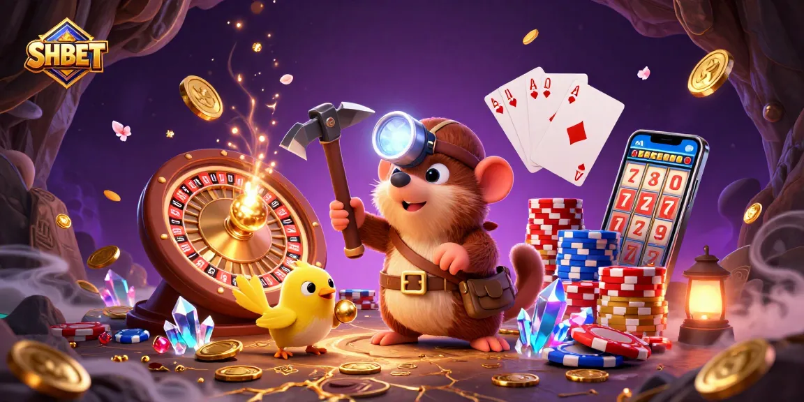 Experience SHBET's thrilling atmosphere with interactive gaming elements and vibrant characters amidst a treasure-filled cave.