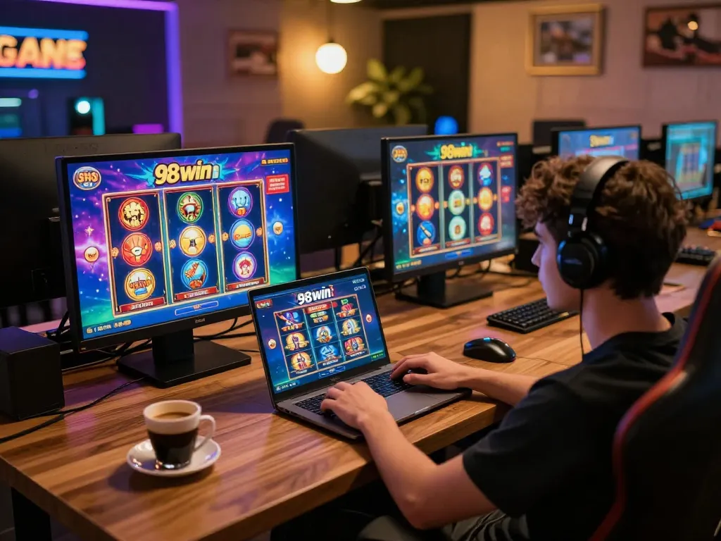 Player engaging in exciting slots at 98win online casino from cozy home setup