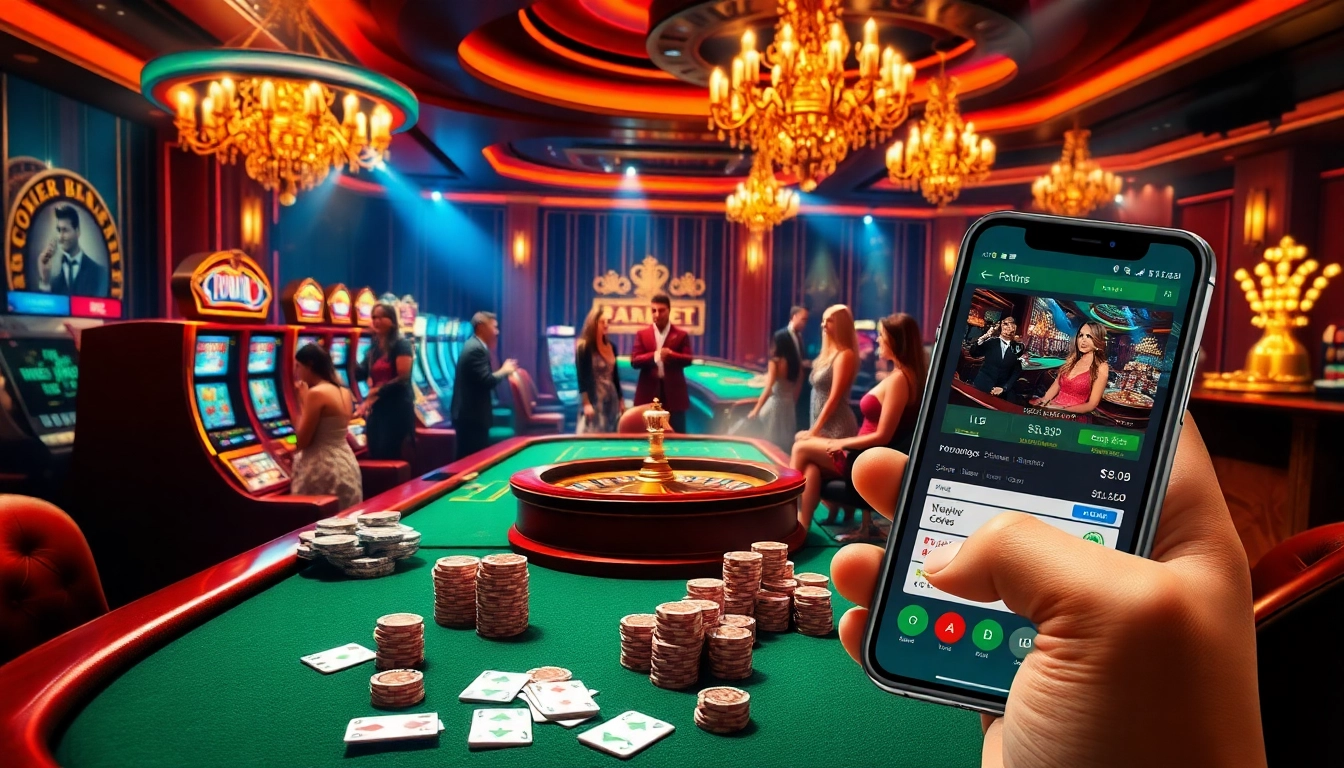 Experience F8bet's vibrant casino atmosphere with poker chips, roulette, and elegant players.