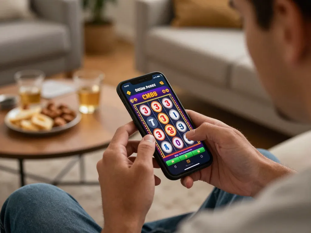 Player using the CM88 app for spinning slot games, showcasing engaging graphics in a cozy home setting