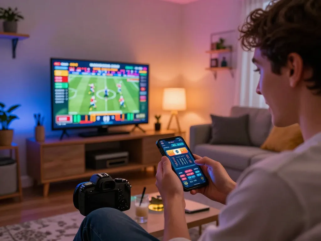 G28 user placing strategic sports bets on mobile app in vibrant home setting.