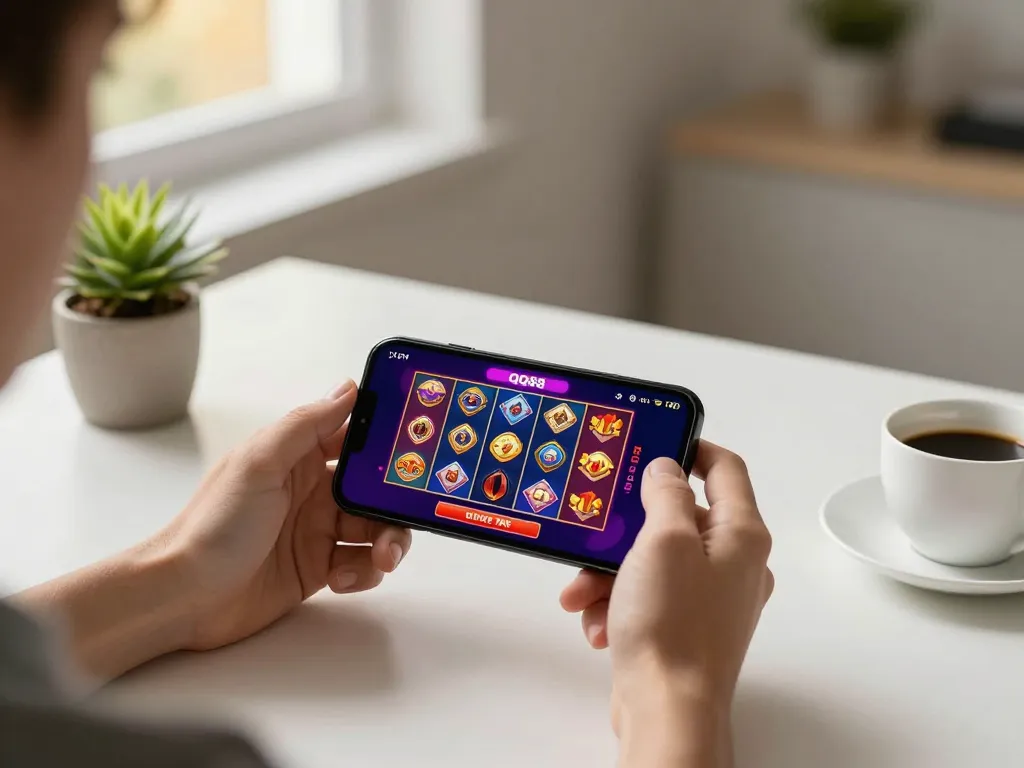 Player enjoying QQ88 online casino on smartphone in a cozy home office.