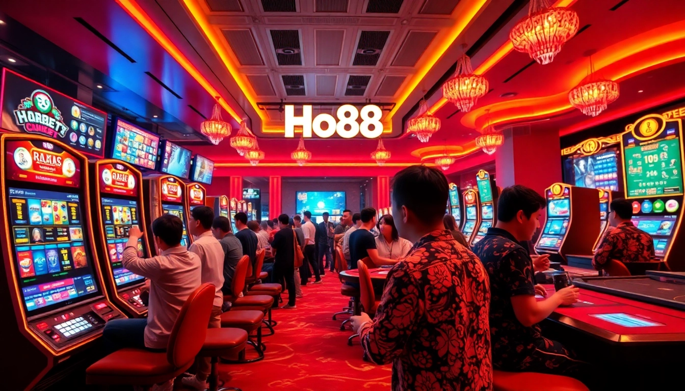Exciting online gambling scene at Ho88 showcasing players engaging in various games with vibrant digital interfaces.
