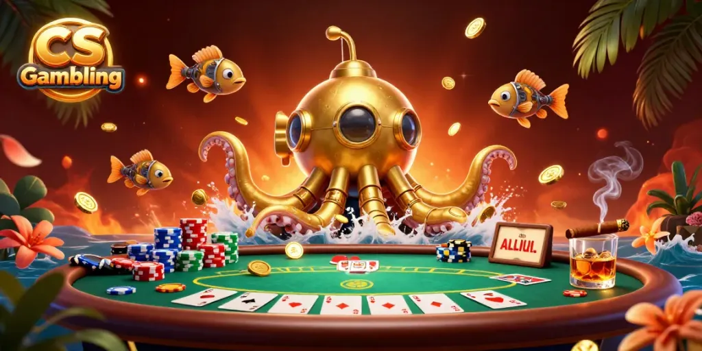 Experience thrilling CS Gambling with a golden kraken submarine alongside poker elements in a treasure-filled scene.