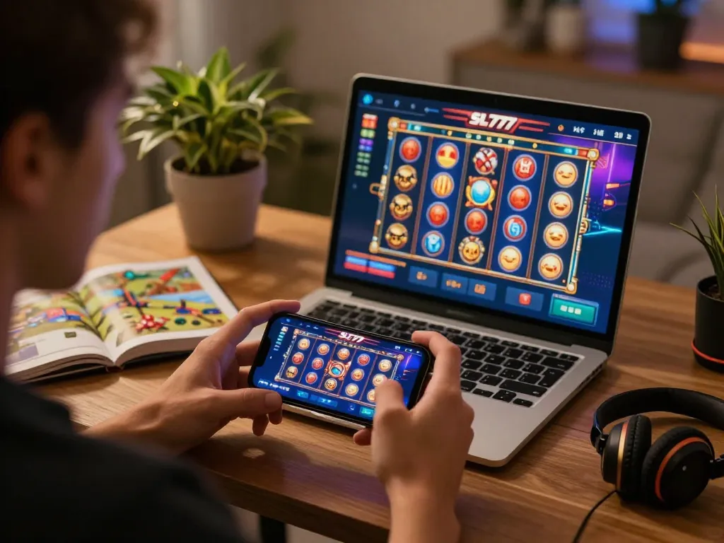 Bermain game online SL777 di smartphone di rumah dengan grafik yang menarik.