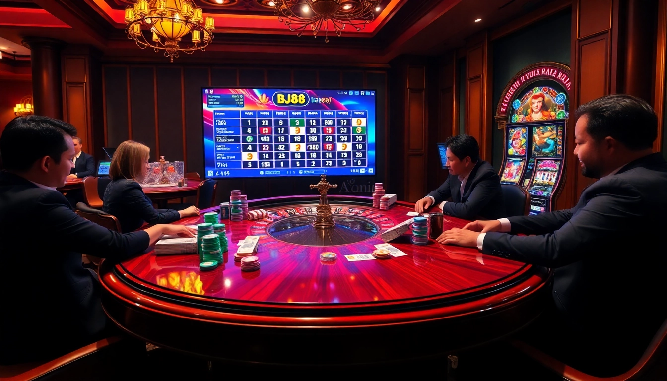 Players engaging with BJ88 online casino platform, showcasing vibrant gaming experience.