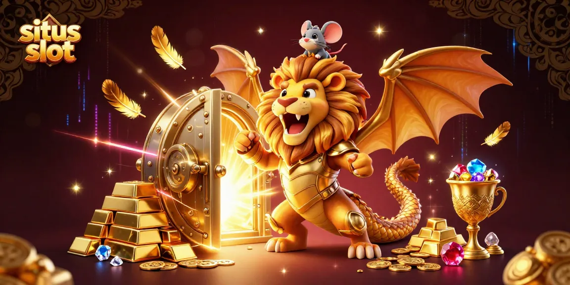 Situs slot features an epic scene with a chimera, mouse jockey, and treasure elements in an enchanting casino setting.