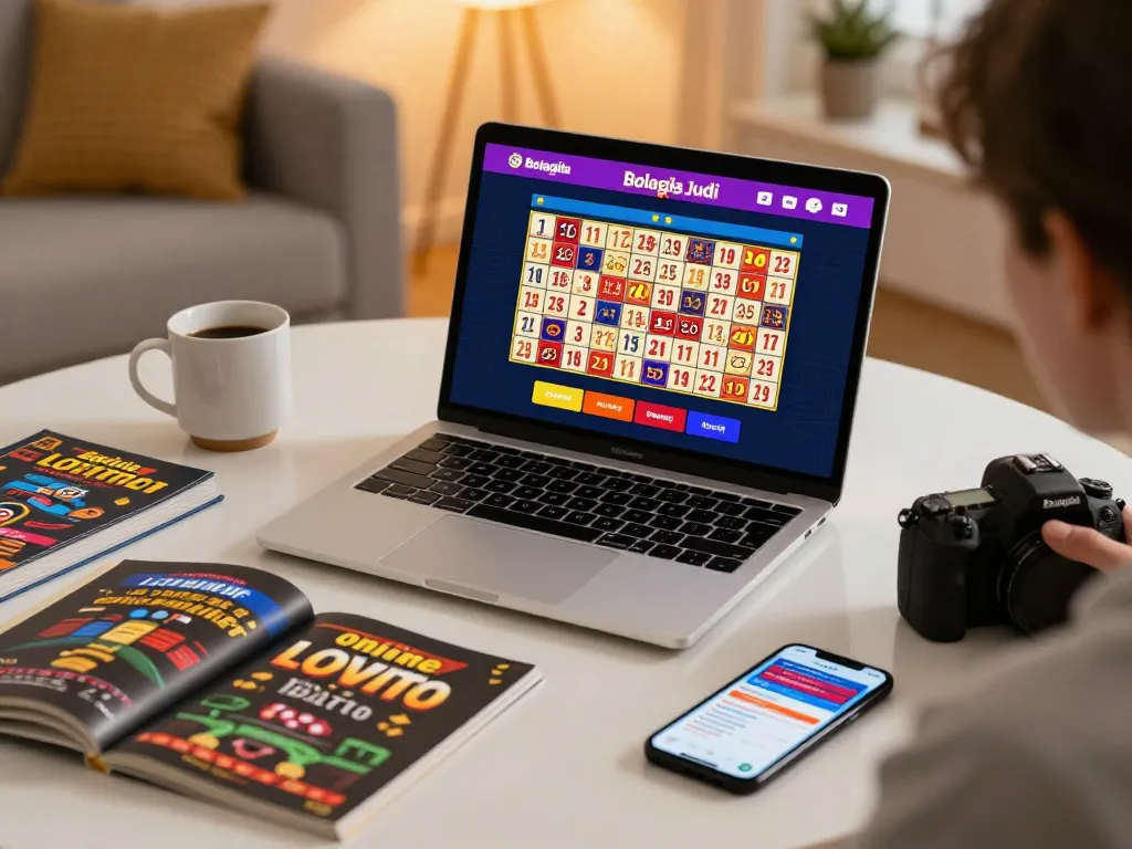 Engaging with Bolagila Judi Lotto on a laptop in a cozy home setting while using a betting app.