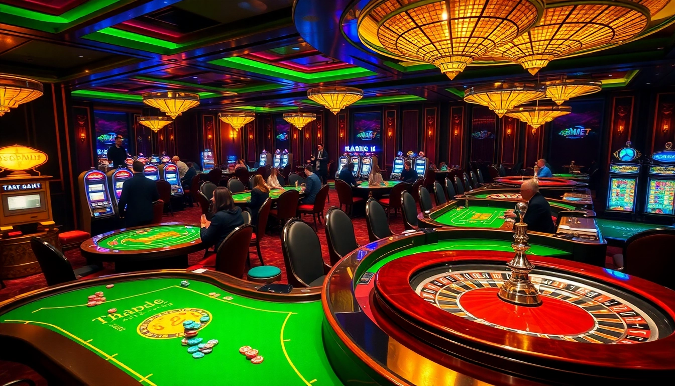 Thabet casino interior featuring lively gaming tables and colorful slot machines.