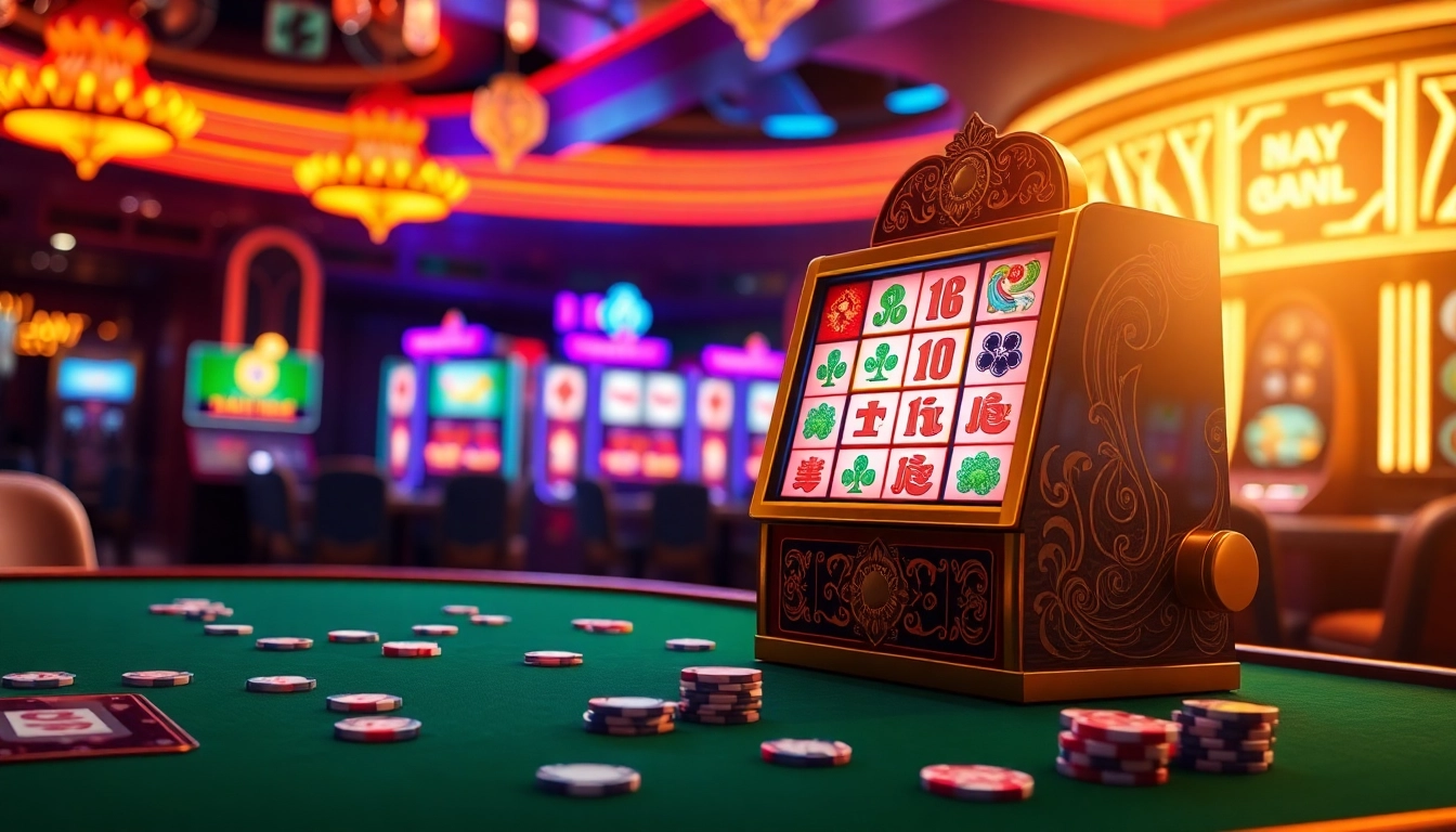 Permainan slot mahjong yang menarik menampilkan mesin slot berwarna-warni dalam suasana kasino yang elegan.