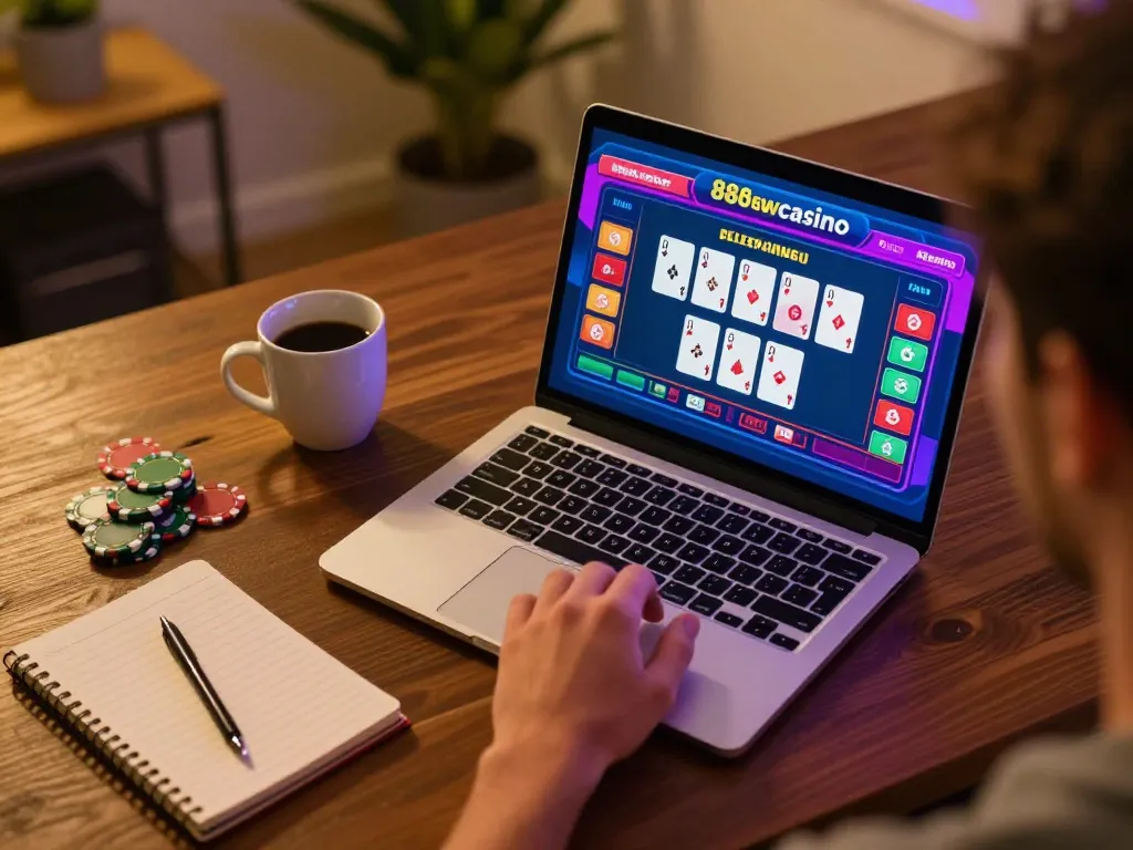 Engaging with live dealer blackjack on laptop at 888newcasino, showcasing strategic gameplay