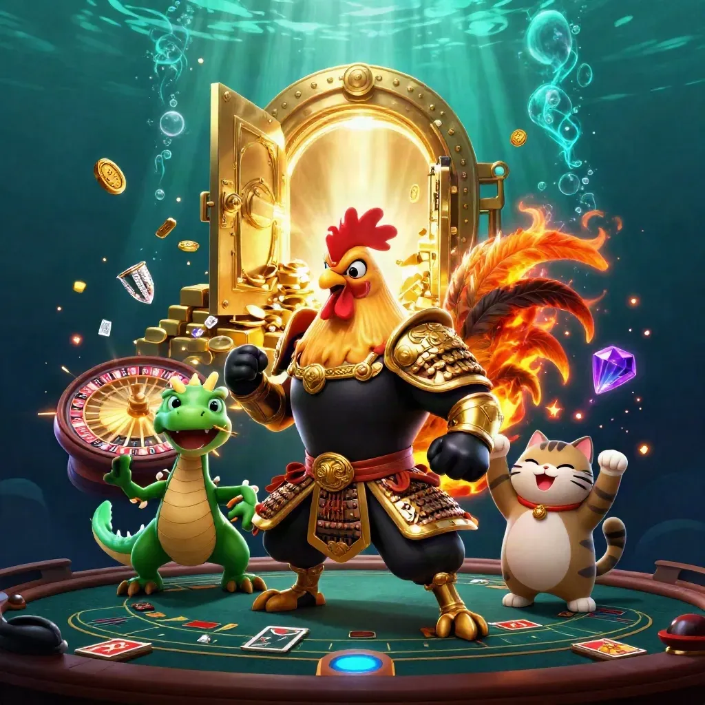 Rooster warrior, dragon hatchling, and fortune-cat blast open a treasure vault underwater.