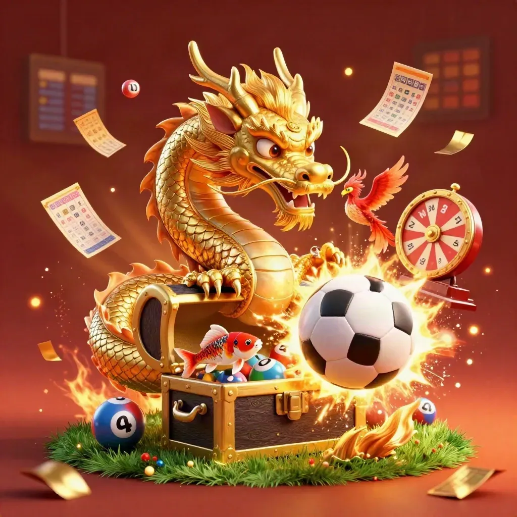 Golden dragon launches a soccer ball amid casino loot, sparks, and crimson glow.
