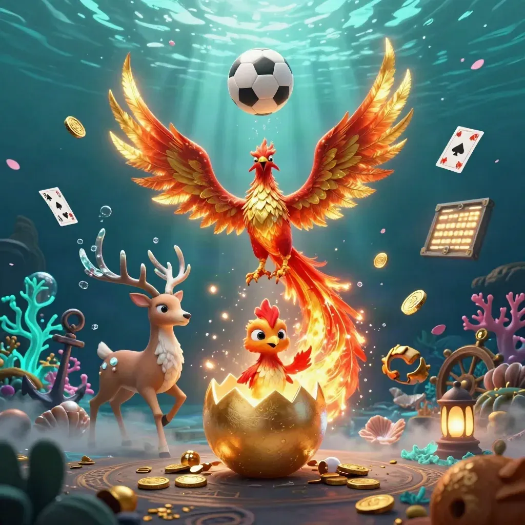 Phoenixes and a crystal-antlered stag amid underwater gold, balls, coins and casino glow