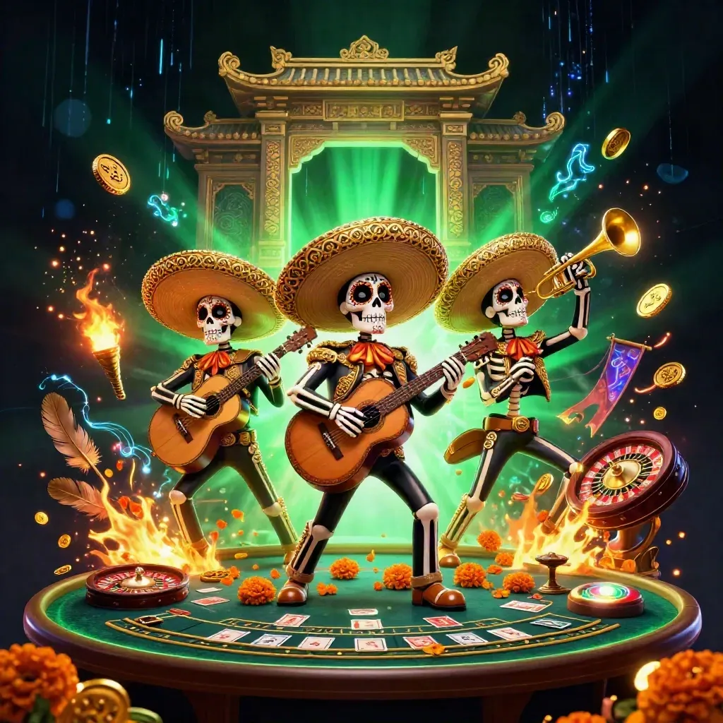 Skeleton mariachi trio amid gold, neon emerald light, roulette wheel, cards, and casino treasure.