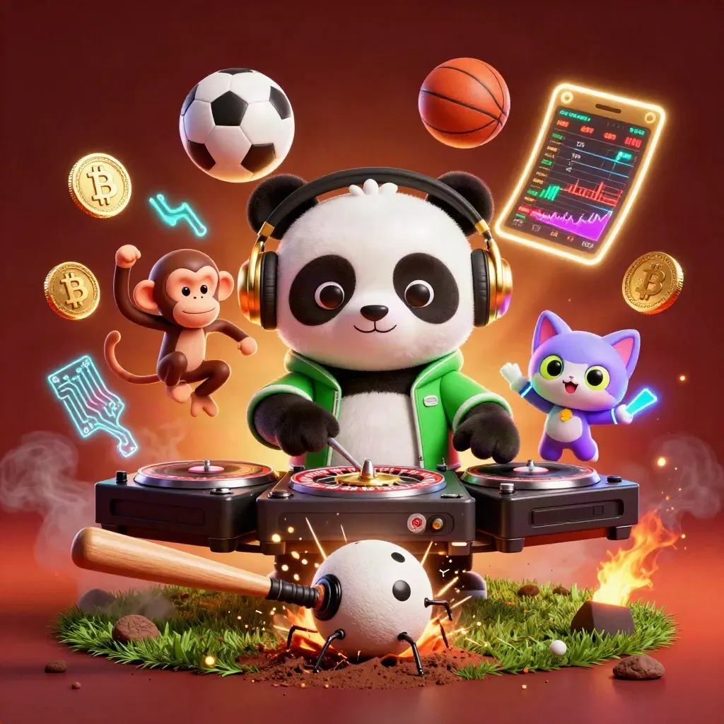 Cricket-inspired casino animals amid flying coins, balls, embers and neon effects.