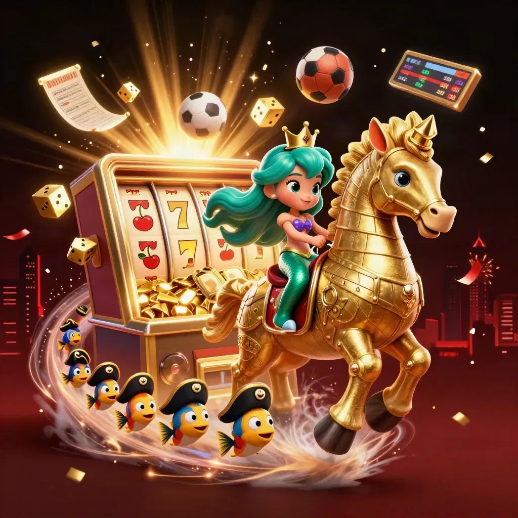 Mermaid princess on a golden seahorse amid casino bursts, dice, gold, fish, and fireworks.