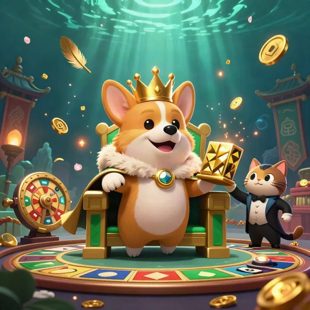 Royal corgi and cat butler amid casino luxuries, teal glow, gold sparks, petals, and runes.