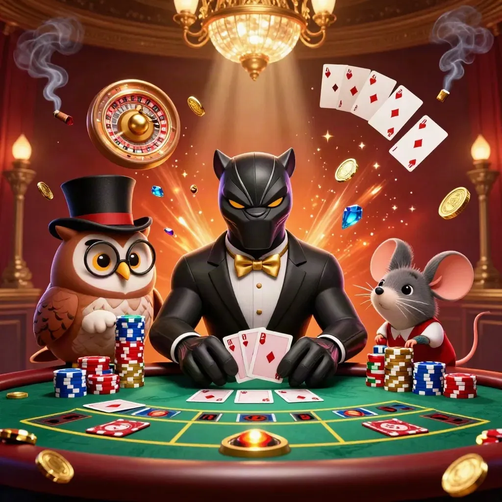 Panther, owl and mouse in a luxe casino room with coins, gems, cards and a spinning roulette wheel.