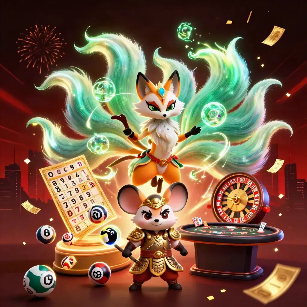 Neon fox spirit and samurai mouse amid casino game bursts, fireworks, and emerald-gold luxury glow.