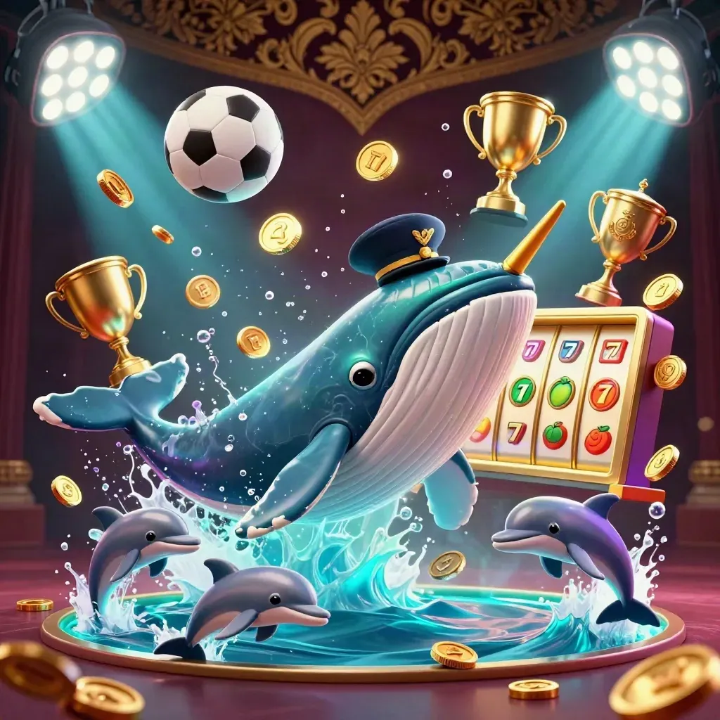 Captain whale, narwhal, and dolphins burst through coins amid casino glam and neon light.