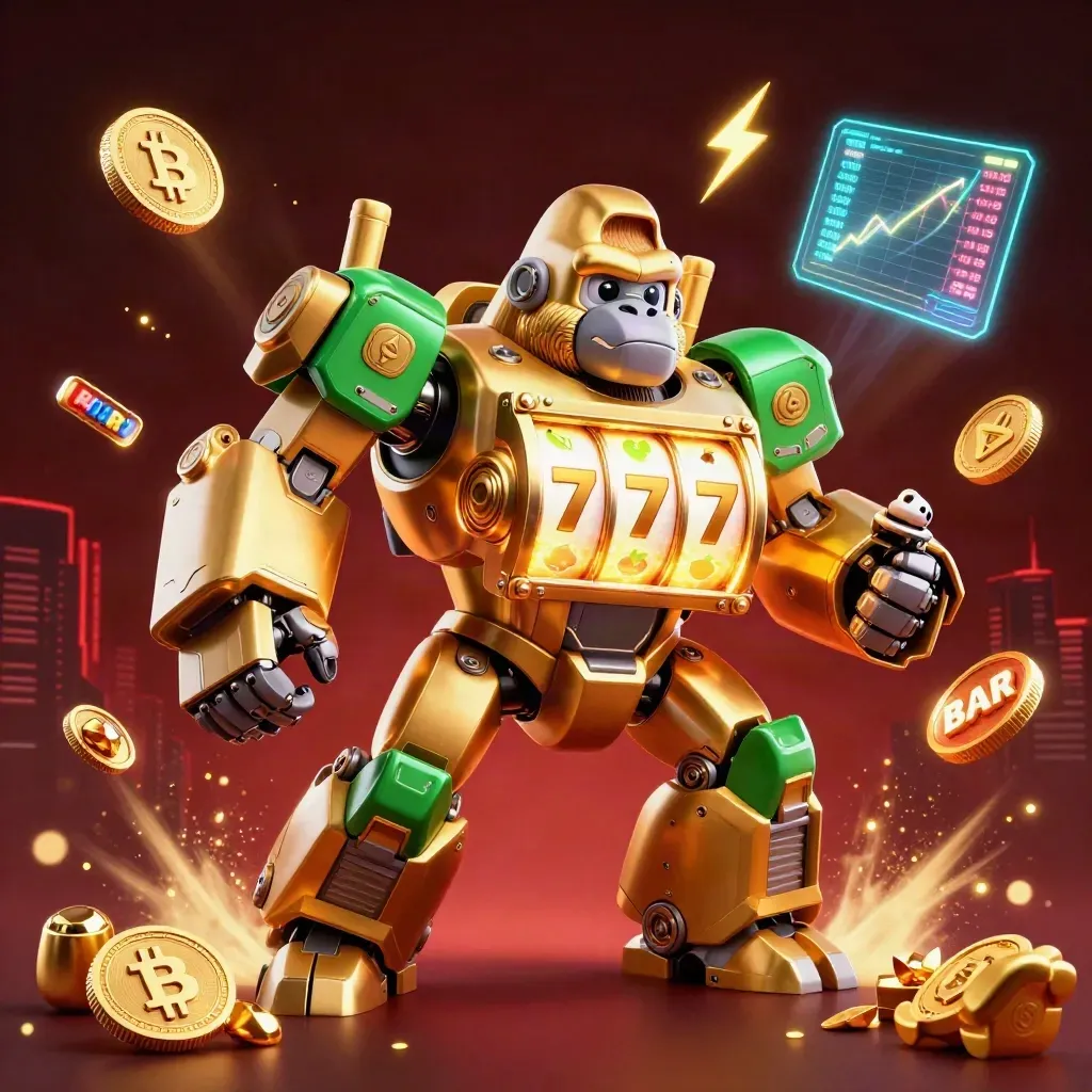 Golden gorilla mech with tiny pilot amid flying coins, reels, lightning, and casino glam.