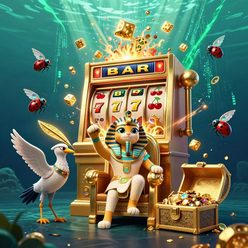 Pharaoh cat, ibis scribe, and gem-winged scarabs amid a bursting slot machine and gold treasure.