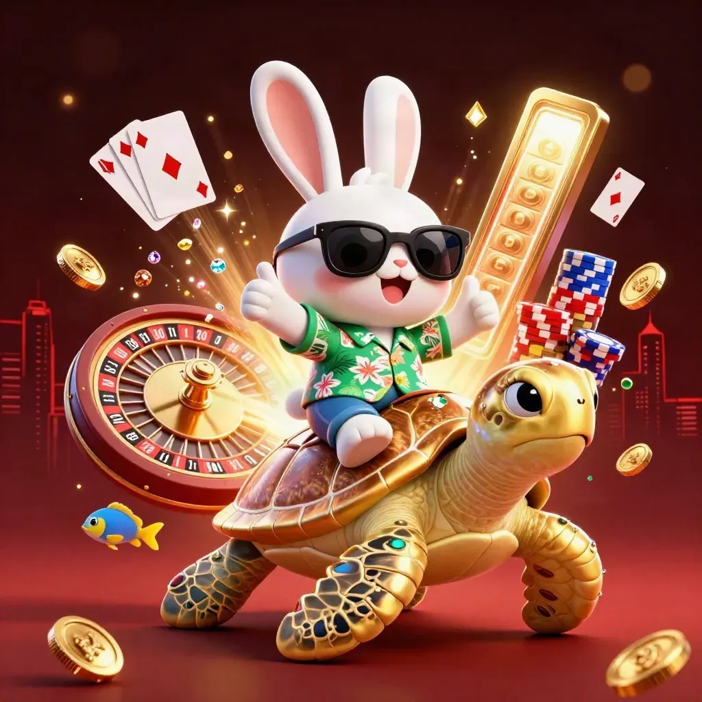 Lucky rabbit rides a gem-shell turtle as coins, cards and chips burst in emerald casino glow.