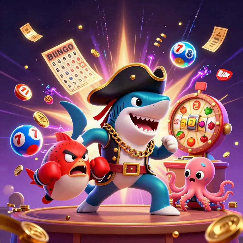 Pirate shark, boxing pufferfish, and coin-juggling octopus amid neon casino bursts.