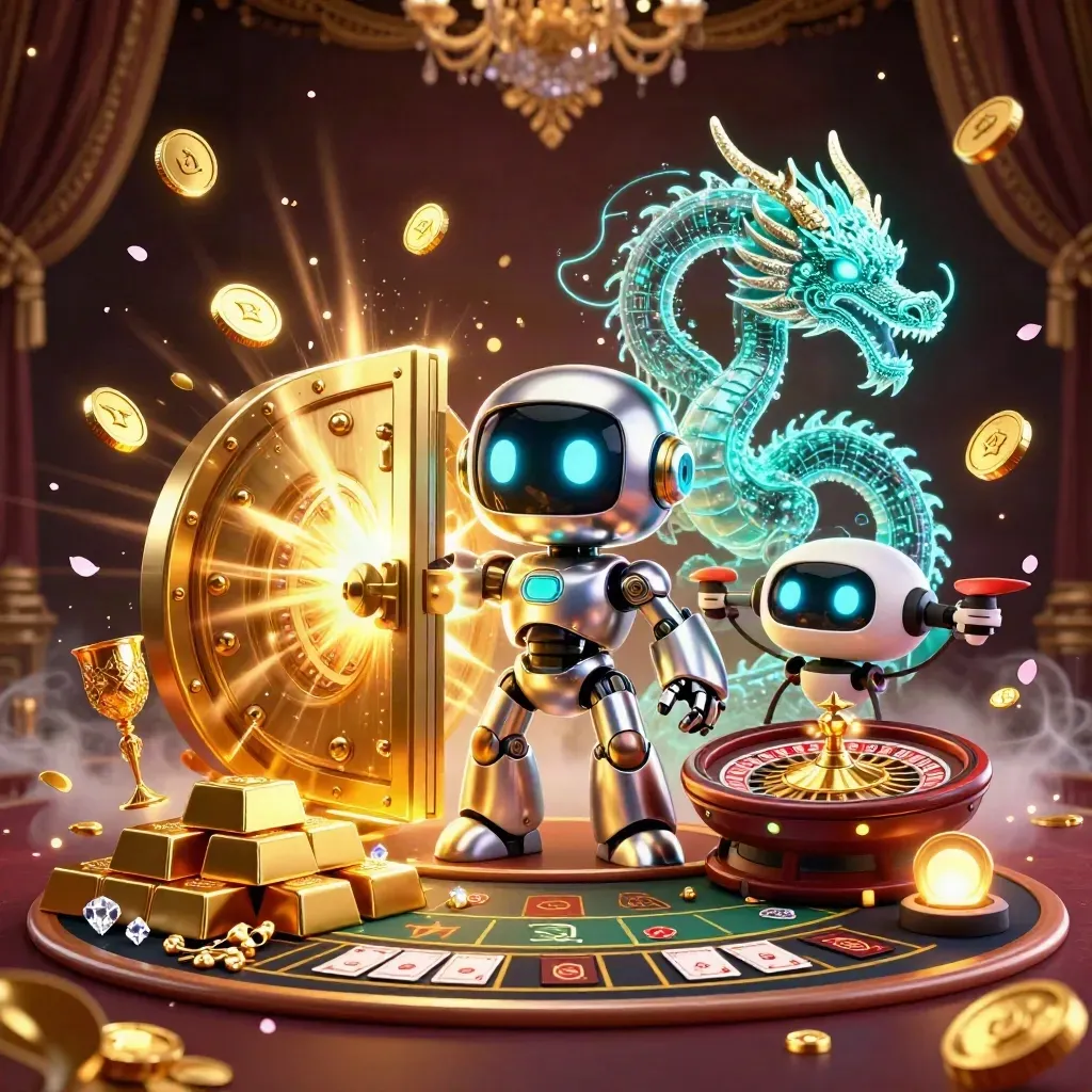 Cyberpunk robot, holographic dragon, and coin drone explode from a golden vault amid casino riches.