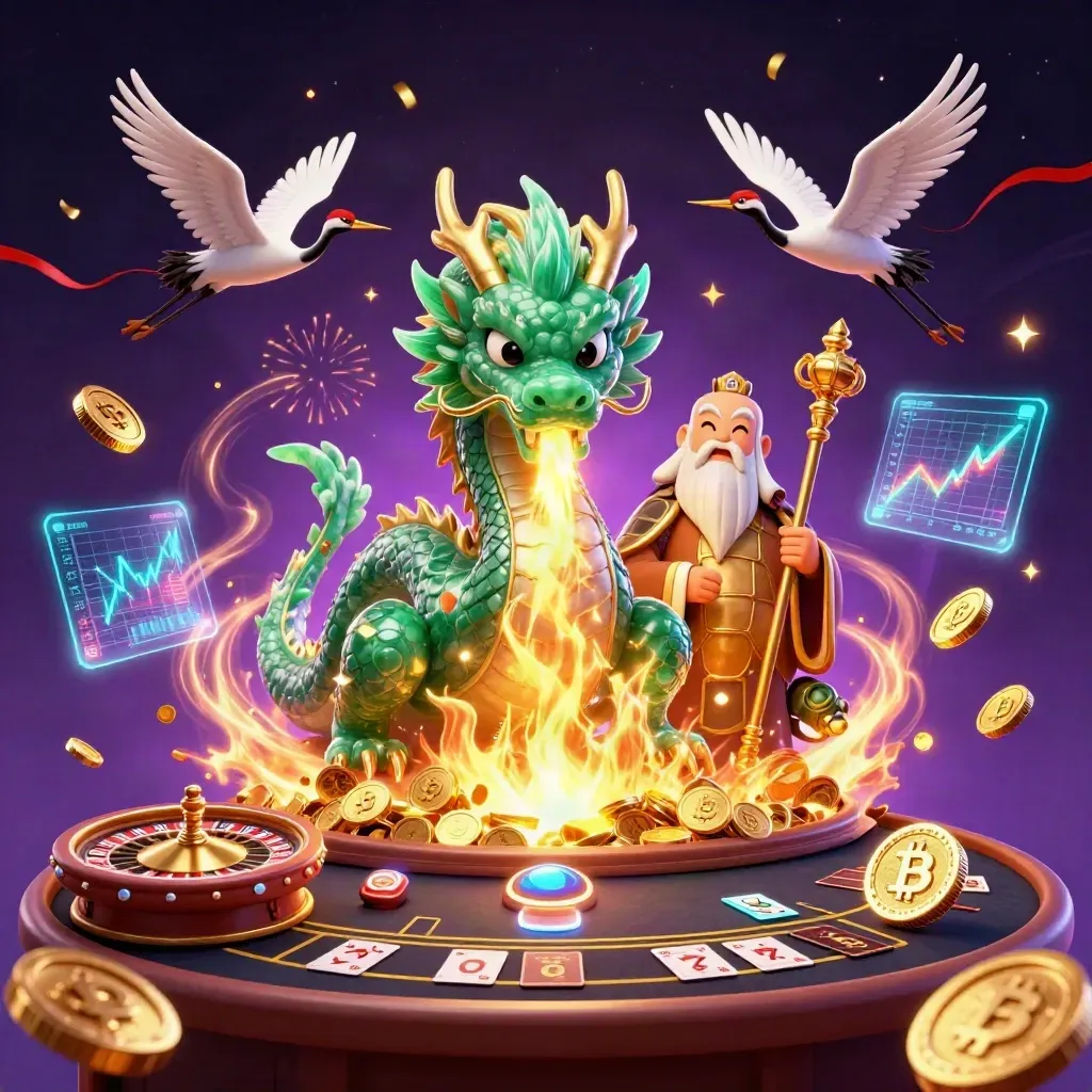 Dragon, turtle sage, and cranes amid gold coins, casino symbols, fireworks, and glowing treasure.