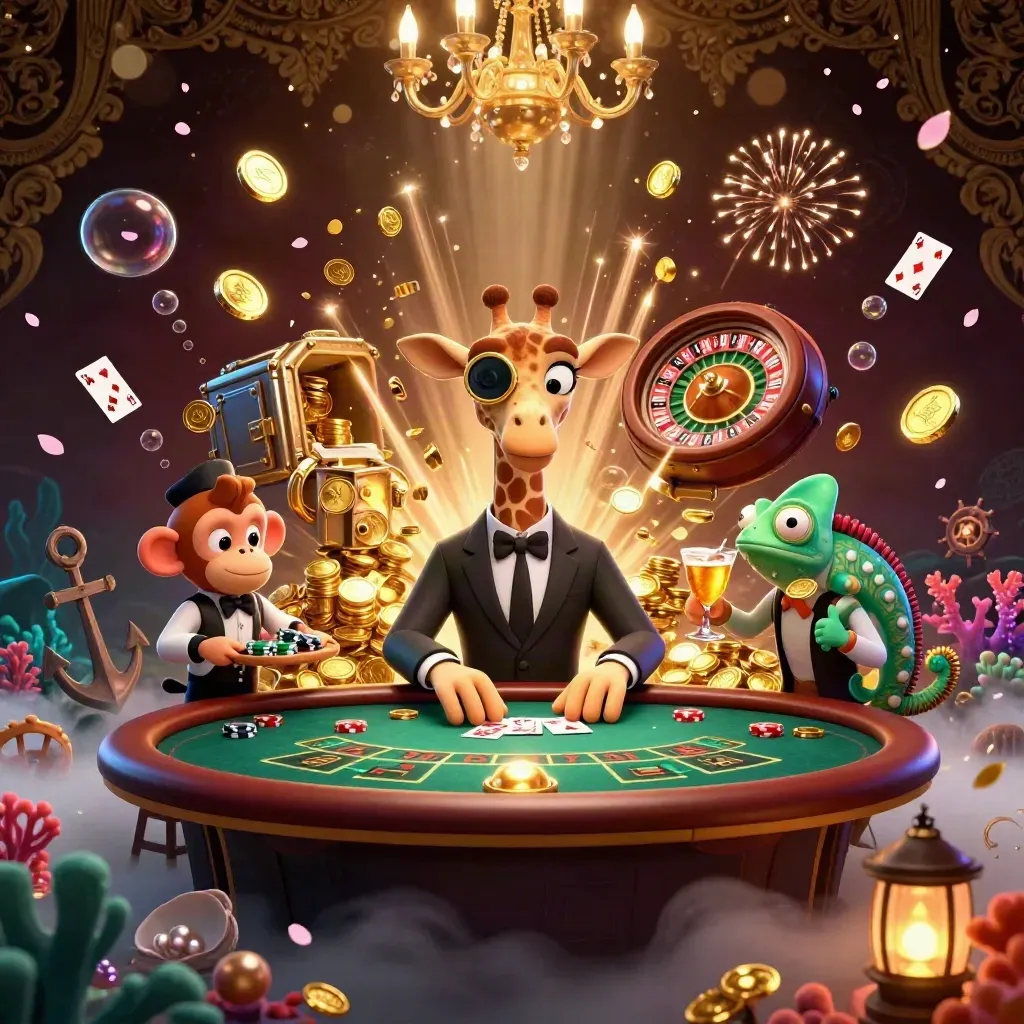 Giraffe, monkey, and chameleon in a luxe casino treasure burst with coins, coral, cards, and fireworks.
