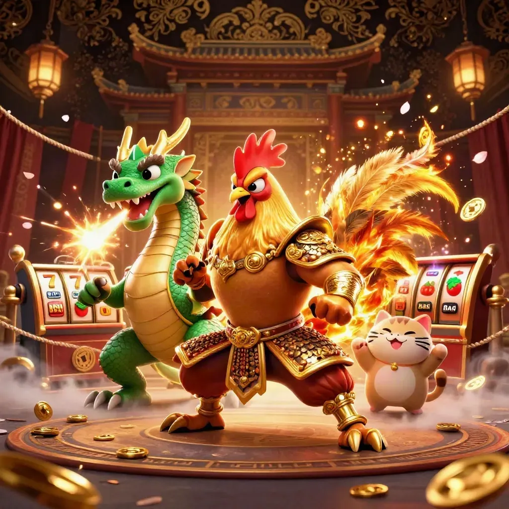 Rooster warrior, dragon hatchling and fortune-cat amid casino reels, coins and temple glamour.