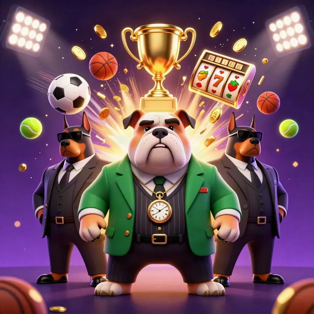 Bulldog boss with two Dobermans amid sports balls, coins, trophy, and casino effects