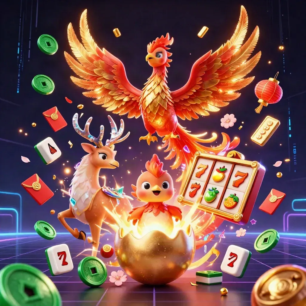 Phoenix, hatching egg, and crystal-antlered stag amid neon casino symbols and energy