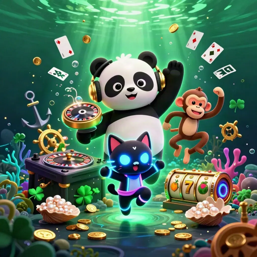 DJ panda, breakdancing monkey, and glow-stick kitten in an underwater casino treasure cove.