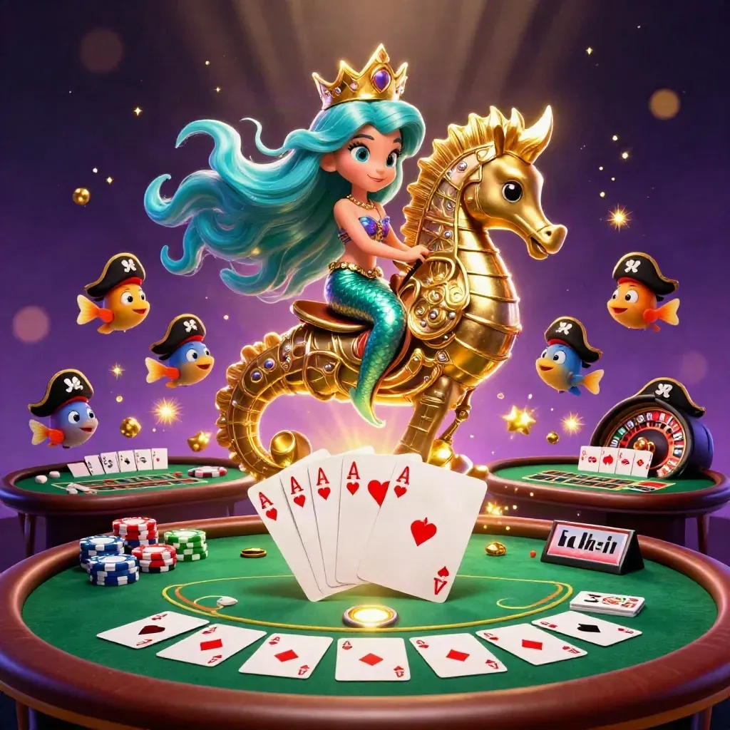 Mermaid princess on a gold seahorse amid chips, aces, roulette wheel, and casino lights.