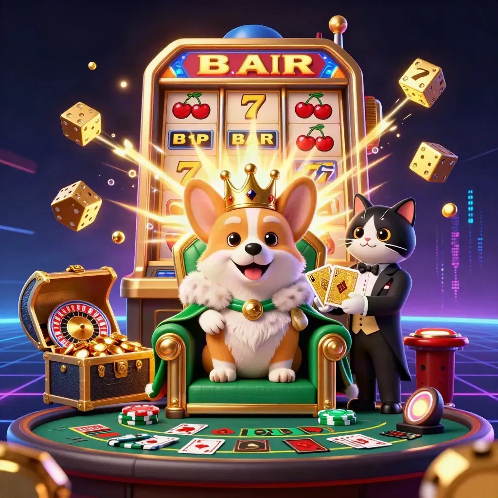 Royal corgi and cat butler amid jackpot chaos, gold, neon, casino props, dark futuristic backdrop.